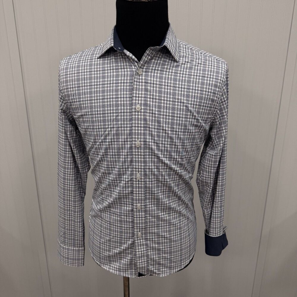 UNTUCKit Men's Medium Blue Check Contrast Cuff Nylon Button-Front Shirt